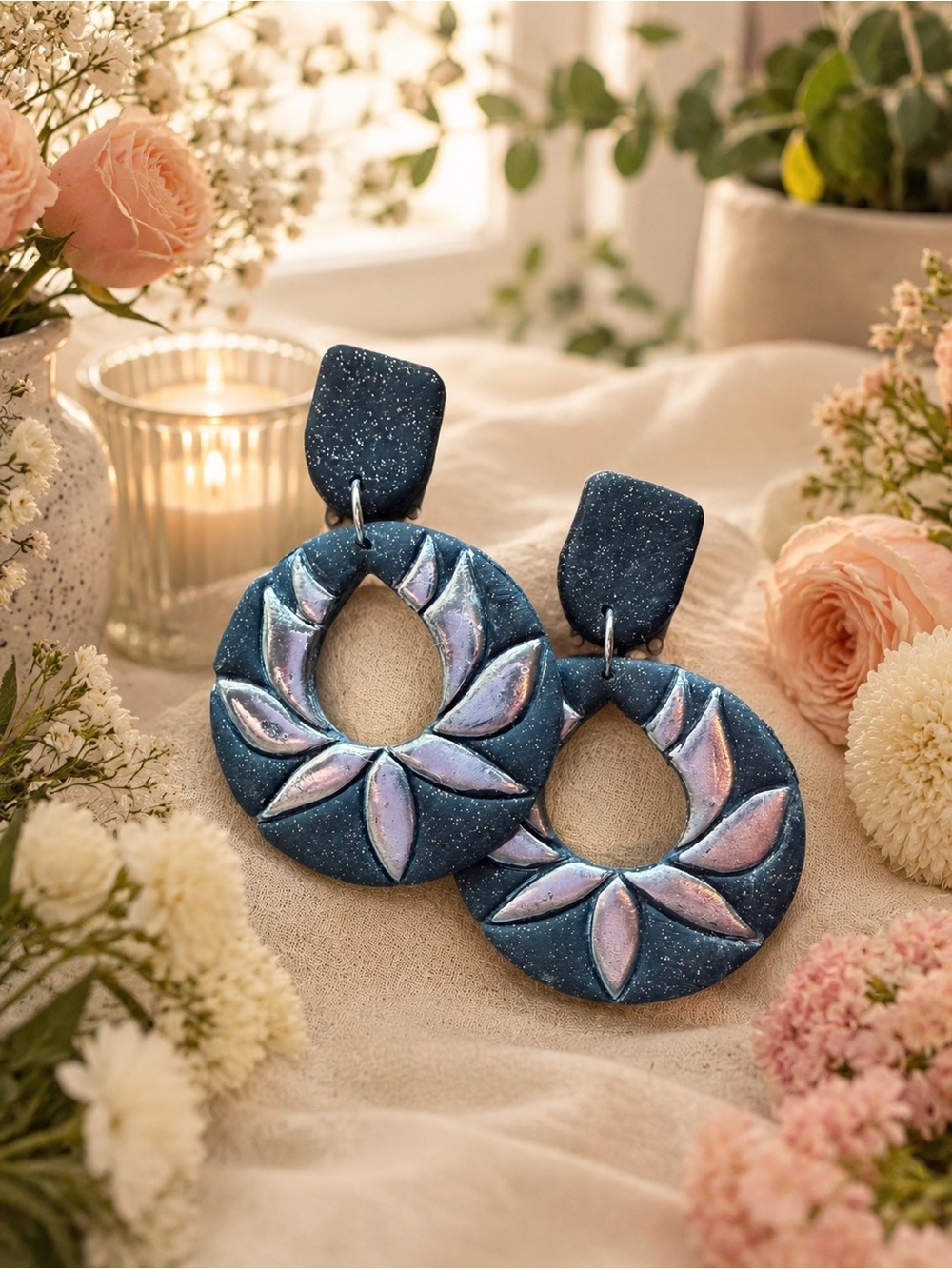 Black & Silver Floral Hoop Handmade Polymer Clay Earrings